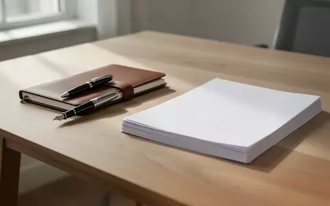Ein minimalistischer Schreibtisch mit einem Notizbuch und leeren Blättern in hellem Tageslicht. - Foto: über boerse-global.de