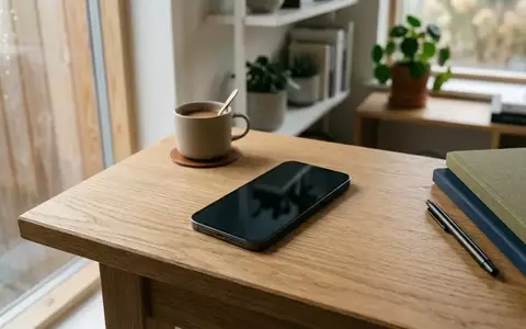 Ein modernes Smartphone liegt auf einem hölzernen Schreibtisch, der Bildschirm ist dunkel und reflektiert das Tageslicht. - Foto: über boerse-global.de