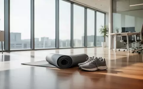 Eine zusammengerollte Yogamatte und Sportschuhe in einem hellen, modernen Bürogebäude mit natürlichem Lichteinfall. - Foto: über boerse-global.de