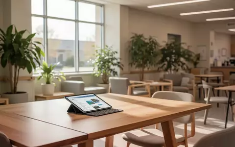 Ein heller, moderner Gemeinschaftsraum mit einem Tablet auf einem Holztisch in einer freundlichen Umgebung. - Foto: über boerse-global.de