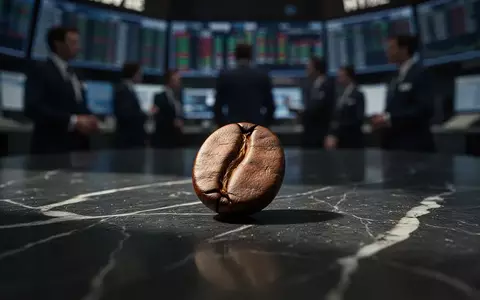 Eine einzelne Kaffeebohne auf einer dunklen Marmoroberfläche vor einem unscharfen Hintergrund eines Handelsraums. - Foto: über boerse-global.de