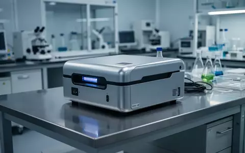 Ein geschlossenes UV-Inspektionsgerät auf einem Edelstahltisch in einem modernen, sterilen Labor. - Foto: über boerse-global.de