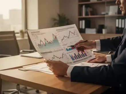 Eine Person im Business-Anzug prüft Finanzdaten an einem modernen Schreibtisch in einem hellen Büro. - Foto: über boerse-global.de