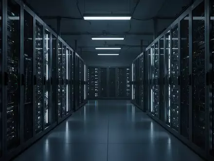 Ein dunkler, moderner Serverraum mit leuchtender Hardware als Symbol für die Risiken künstlicher Intelligenz im Finanzsektor. - Foto: über boerse-global.de