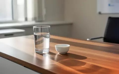 Ein Glas Wasser und ein leerer Tablettenbecher auf einem modernen Schreibtisch in einer medizinischen Praxis. - Foto: über boerse-global.de