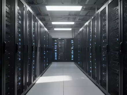 Moderne Serverräume mit leuchtenden Statusleuchten zur Darstellung von Cloud-Infrastruktur und digitaler Sicherheit. - Foto: über boerse-global.de
