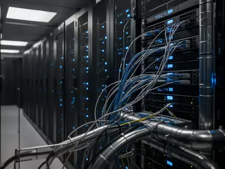 Dunkler Serverraum mit leuchtenden blauen Statusleuchten an Serverschränken und komplexer Verkabelung. - Foto: über boerse-global.de
