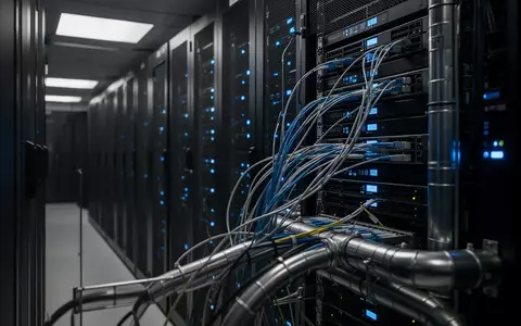 Dunkler Serverraum mit leuchtenden blauen Statusleuchten an Serverschränken und komplexer Verkabelung. - Foto: über boerse-global.de