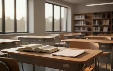 Ein leerer, sonnendurchfluteter Klassenraum mit Büchern und einem Notizbuch auf einem Schreibtisch. - Foto: über boerse-global.de