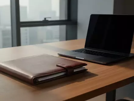 Eine hochwertige Ledermappe für juristische Dokumente auf einem modernen Büroschreibtisch neben einem ausgeschalteten Laptop. - Foto: über boerse-global.de