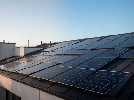 Moderne Solarmodule auf einem Hausdach unter klarem blauem Himmel. - Foto: über boerse-global.de