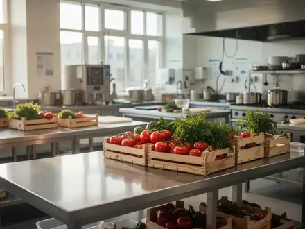 Moderne Lehrküche in einer landwirtschaftlichen Fachschule mit frischem Gemüse in Holzkisten auf Edelstahltischen. - Foto: über boerse-global.de