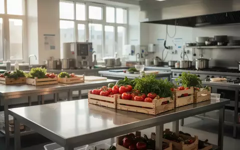 Moderne Lehrküche in einer landwirtschaftlichen Fachschule mit frischem Gemüse in Holzkisten auf Edelstahltischen. - Foto: über boerse-global.de