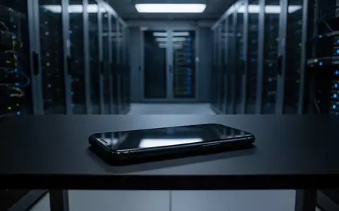 Ein modernes Smartphone auf einem dunklen Schreibtisch in einem Serverraum mit dezenter blauer Beleuchtung. - Foto: über boerse-global.de