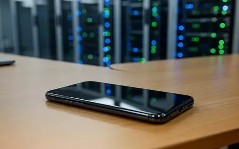 Ein modernes Smartphone liegt mit ausgeschaltetem Bildschirm auf einem Schreibtisch vor unscharfen Server-Lichtern. - Foto: über boerse-global.de