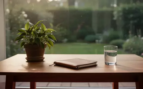 Ein minimalistischer Schreibtisch mit einer Pflanze und einem Notizbuch in hellem, natürlichem Licht. - Foto: über boerse-global.de