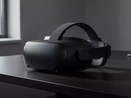 Ein VR-Headset liegt auf einem dunklen Schreibtisch in einem professionell beleuchteten Raum. - Foto: über boerse-global.de