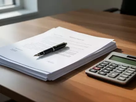 Ein minimalistischer Schreibtisch mit Dokumenten, einem Füllfederhalter und einem Taschenrechner bei natürlichem Licht. - Foto: über boerse-global.de