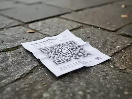 Ein auf dem Boden liegender, zerknitterter Flyer mit einem unkenntlichen QR-Code auf einem städtischen Gehweg. - Foto: über boerse-global.de