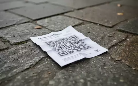 Ein auf dem Boden liegender, zerknitterter Flyer mit einem unkenntlichen QR-Code auf einem städtischen Gehweg. - Foto: über boerse-global.de