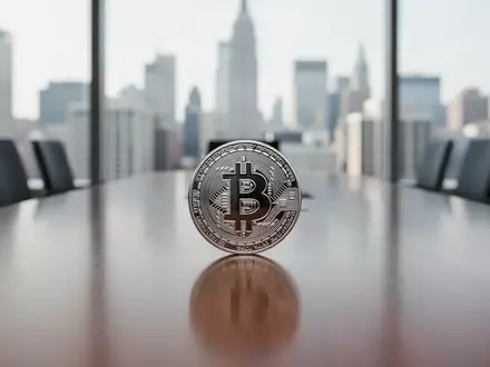 Eine einzelne physische Bitcoin-Münze auf einem modernen Konferenztisch in einem Büro mit Blick auf eine Skyline. - Foto: über boerse-global.de