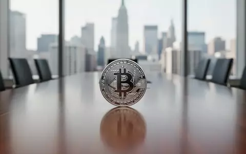 Eine einzelne physische Bitcoin-Münze auf einem modernen Konferenztisch in einem Büro mit Blick auf eine Skyline. - Foto: über boerse-global.de