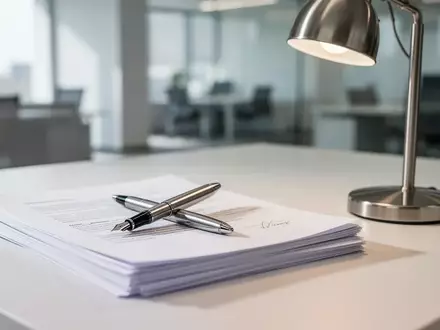 Ein minimalistischer Schreibtisch mit ordentlich gestapelten, leeren Dokumenten und einem Füllfederhalter. - Foto: über boerse-global.de