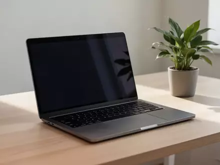 Ein minimalistischer Arbeitsplatz mit einem modernen Laptop mit dunklem Bildschirm auf einem Holztisch. - Foto: über boerse-global.de