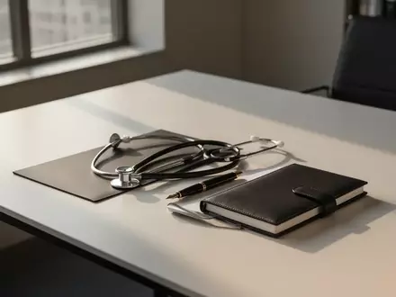 Ein Stethoskop und ein Notizbuch auf einem modernen Schreibtisch in einem leeren, hellen Büro. - Foto: über boerse-global.de