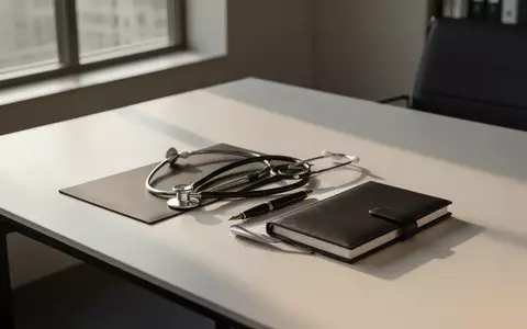 Ein Stethoskop und ein Notizbuch auf einem modernen Schreibtisch in einem leeren, hellen Büro. - Foto: über boerse-global.de