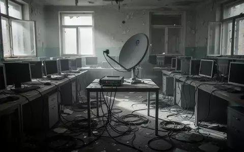 In einem verlassenen Büro liegen nach einer Razzia entkabelte Computer und eine Satelliten-Empfangseinheit auf den Tischen. - Foto: über boerse-global.de