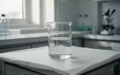 Ein leeres Laborbecherglas auf einem sterilen Labortisch in einem klinischen Umfeld. - Foto: über boerse-global.de