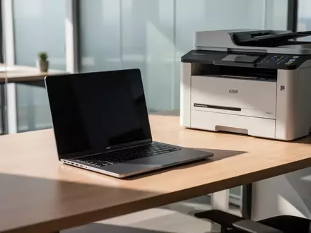Ein moderner, minimalistischer Büroarbeitsplatz mit einem hochwertigen Laptop und einem professionellen Laserdrucker in einer hellen, professionellen Umgebung. - Foto: über boerse-global.de