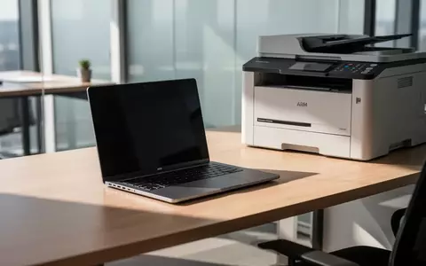 Ein moderner, minimalistischer Büroarbeitsplatz mit einem hochwertigen Laptop und einem professionellen Laserdrucker in einer hellen, professionellen Umgebung. - Foto: über boerse-global.de