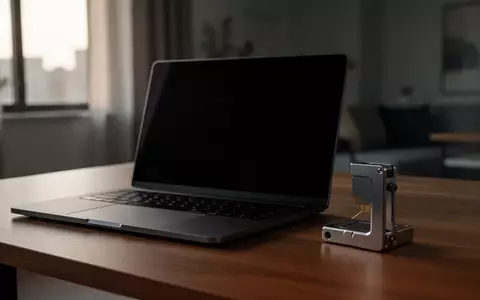 Ein Laptop mit schwarzem Bildschirm und eine Hardware-Wallet auf einem Schreibtisch als Symbol für Kryptosicherheit. - Foto: über boerse-global.de
