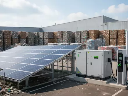 Modernes Wertstoffhof-Gelände mit Photovoltaikanlage, Batteriespeichern und Ladestationen für eine nachhaltige Kreislaufwirtschaft. - Foto: über boerse-global.de