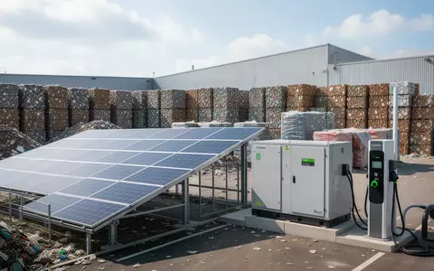Modernes Wertstoffhof-Gelände mit Photovoltaikanlage, Batteriespeichern und Ladestationen für eine nachhaltige Kreislaufwirtschaft. - Foto: über boerse-global.de