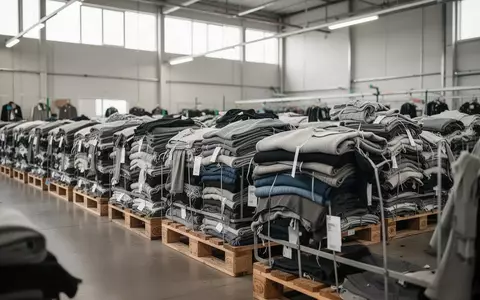 Ordentlich gestapelte Kleidungsstücke auf Holzpaletten in einem modernen Lagerhaus. - Foto: über boerse-global.de