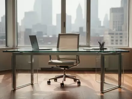 Ein minimalistisch gestaltetes, modernes Büro mit einem leeren Schreibtisch und ergonomischem Stuhl bei hellem Tageslicht. - Foto: über boerse-global.de