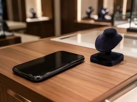 Ein Smartphone mit ausgeschaltetem Display auf einem Ladentisch in einem Juweliergeschäft. - Foto: über boerse-global.de