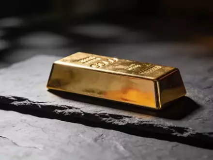 Ein einzelner Goldbarren auf einer dunklen Schieferplatte bei gedimmtem, stimmungsvollem Licht. - Foto: über boerse-global.de