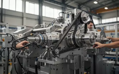 Nahaufnahme eines industriellen Antriebssystems mit Zahnriemen und mechanischen Komponenten in einer Fertigungshalle. - Foto: über boerse-global.de