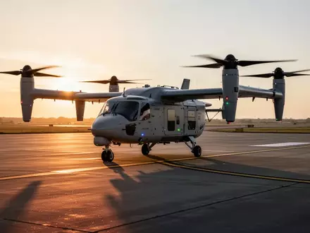 Eine hybridelektrische Frachtdrohne steht auf der Rollbahn eines Flugplatzes im Licht der Abendsonne. - Foto: über boerse-global.de