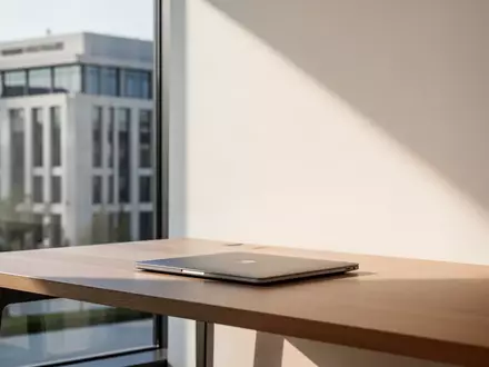 Ein minimalistischer Schreibtisch mit einem zugeklappten Laptop vor einem hellen Fenster in einem modernen Bürogebäude. - Foto: über boerse-global.de