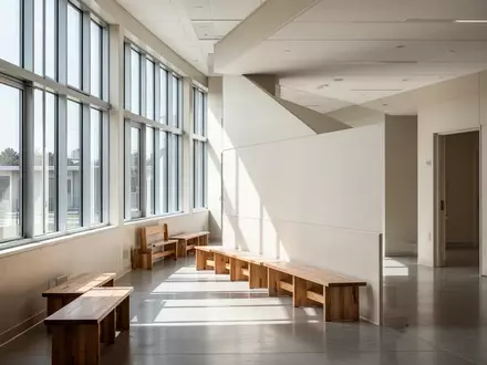 Ein heller, leerer Flur in einem modernen Schulgebäude mit großen Fenstern und einfallendem Tageslicht. - Foto: über boerse-global.de