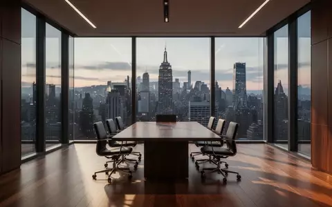 Ein minimalistisches, modernes Anwaltsbüro mit einem leeren Konferenztisch bei Dämmerung. - Foto: über boerse-global.de