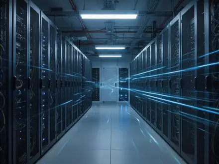 Ein dunkler Serverraum mit leuchtenden Rechenzentrums-Racks, die eine technologische Infrastruktur für KI-Systeme darstellen. - Foto: über boerse-global.de