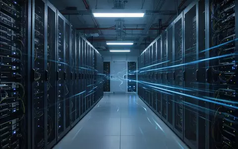 Ein dunkler Serverraum mit leuchtenden Rechenzentrums-Racks, die eine technologische Infrastruktur für KI-Systeme darstellen. - Foto: über boerse-global.de