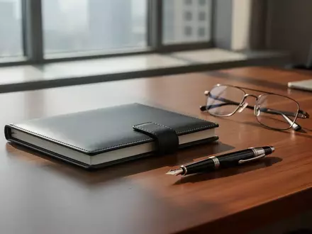 Ein minimalistischer Büroschreibtisch mit einem geschlossenen Notizbuch, einem Füllfederhalter und einer Brille bei Tageslicht. - Foto: über boerse-global.de