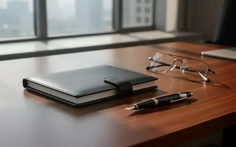 Ein minimalistischer Büroschreibtisch mit einem geschlossenen Notizbuch, einem Füllfederhalter und einer Brille bei Tageslicht. - Foto: über boerse-global.de